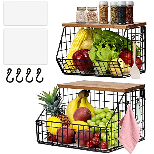 TIOYOTY 2 Stück Hängend Obstkorb, Küchenorganisator, Obstschale Hängekorb Küche, Wandobstkorb mit Holzdeckel, Obst und Gemüsekorb für Die Theke, Zwiebel und Kartoffel Snack Brot Halter von TIOYOTY