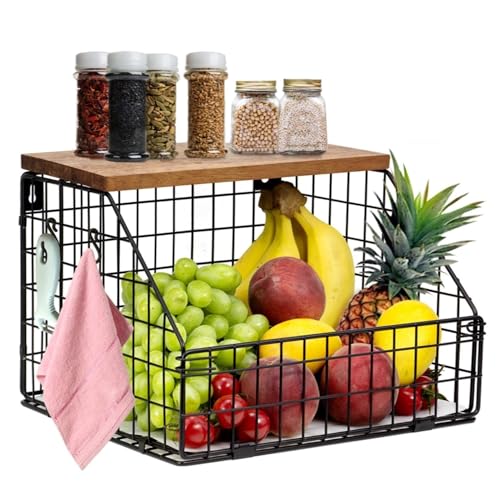 TIOYOTY Hängend Obstkorb, Küchenorganisator, Obstschale Hängekorb Küche, Wandobstkorb mit Holzdeckel, Obst und Gemüsekorb für Die Theke, Zwiebel und Kartoffel Snack Brot Halter (30 x 30 x 21,5 cm) von TIOYOTY