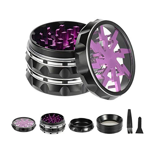 TIRIRS Kräutermühle aus Aluminium mit Pollenschaber und Reinigungsbürste, 6,3 cm, 4 Stück, transparenter Deckel mit violettem Blitz auf der Oberseite von TIRIRS