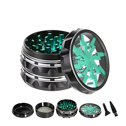 TIRIRS 6,3 cm 4-teilige Kräutermühle mit transparenter Oberseite – Aluminium-Gewürzmühle mit Pollenschaber und Reinigungsbürste – Schwarzer Körper mit grünem Blitz oben TIRIRS 6,3 cm 4-teilige Kräutermühle mit transparenter Oberseite – Aluminium-Gewürzmühle mit Pollenschaber und Reinigungsbürste – Schwarzer Körper mit grünem Blitz oben von TIRIRS