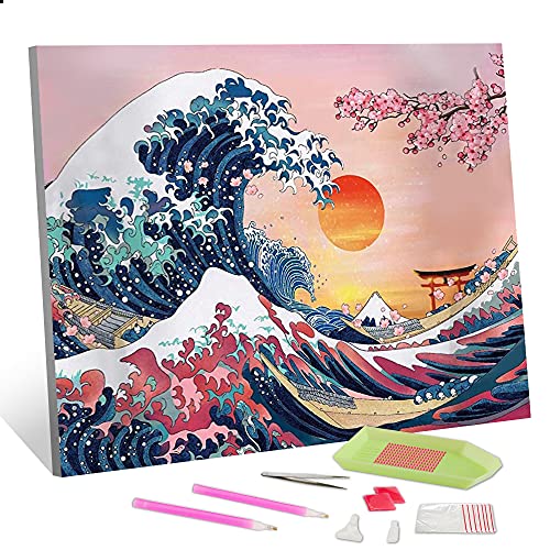 TISHIRON Diamond Painting Kanagawa Welle Sonnenuntergang Bilder 5D DIY Diamant Malerei Stickerei Kit Runde Bohrer Erwachsene Kinder für Büro Wand Haus Dekoration von TISHIRON