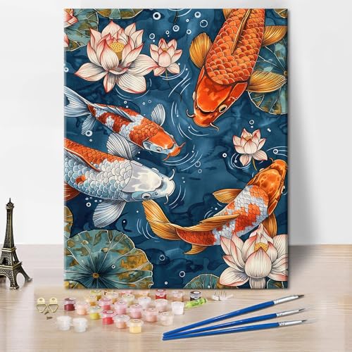 Malen nach Zahlen Erwachsene Premium, Farbenfrohe Koi & Lotusblüten im Teich, Malen für Erwachsene mit Leinwand, 16x20 Zoll von TISHIRON