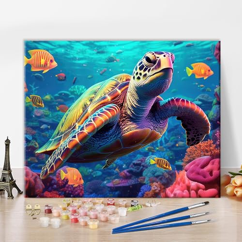 Schildkröte DIY Malen nach Zahlen für Erwachsene Anfänger Kits bunte Korallen Ölmalerei Meer Welt Illustration Bild Leinwand Acryl Pigment Kunsthandwerk für Home Wall Decor Geschenk 16x20 Zoll von TISHIRON