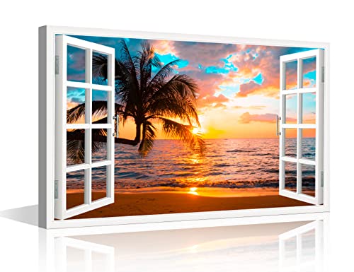 TISHIRON 3D-Fenstereffekt Kokospalmen Strand Sonnenuntergang Leinwand Wandkunst Gemälde für Schlafzimmer Wohnzimmer Modern Gerahmte Kunstwerke Dekorative Badezimmer Küche Wohnkultur 40,6 x 61 cm von TISHIRON