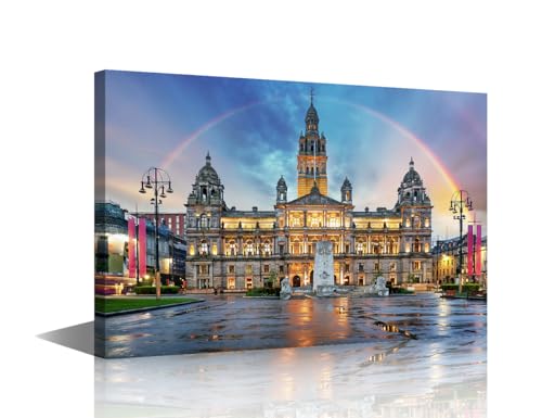 TISHIRON Glasgow Skyline Leinwand Wandkunst Regenbogen über Glasgow City Wohnkultur für Wohnzimmer Kammern und George Square Schottland Wanddekor Leinwand Wandkunst gerahmt fertig zum Aufhängen (45,7 von TISHIRON