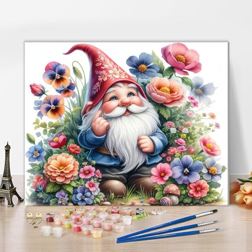 TISHIRON Gnome Malen nach Zahlen Gartenzwerg mit Blumen Malen nach Zahlen Kit für Erwachsene, digitale Malerei mit Pinseln und Pigment für Haus Wanddekoration, 40x50 CM von TISHIRON