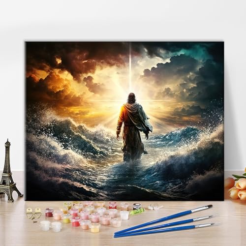 TISHIRON Jesus Malen Nach Zahlen Kit, Figur von Jesus geht auf dem Wasser auf schönen Sonnenuntergang Malerei nach Zahlen für Erwachsene mit Pinseln und Pigment, 40x50 CM, Rahmenlos TISHIRON Jesus Malen Nach Zahlen Kit, Figur von Jesus geht auf dem Wasser auf schönen Sonnenuntergang Malerei nach Zahlen für Erwachsene mit Pinseln und Pigment, 40x50 CM, Rahmenlos von TISHIRON