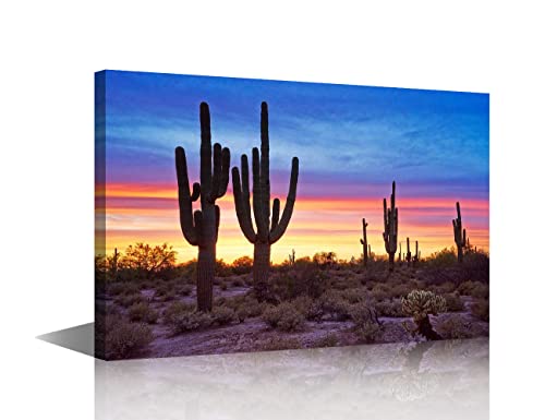 TISHIRON Kaktus-Landschafts-Wandkunst, bunter Sonnenuntergang mit Saguaros-Gemälde, Galerie, verpackter botanischer Kaktus, Bild gerahmt für Wohnzimmer, Zuhause, Büro, Raumdekoration, gerahmt, fertig von TISHIRON
