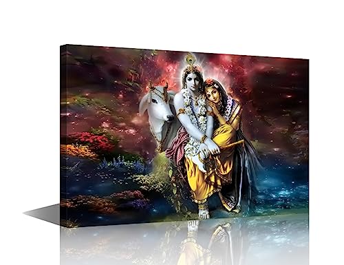 TISHIRON Lord Krishna Leinwand Hinduismus Kulturelle Bilder Leinwand Wandkunst Indische Gottheit in Aquarellgemälden Kunstwerk für Wohnzimmer Giclée-Holzrahmen fertig zum Aufhängen Poster und Drucke von TISHIRON