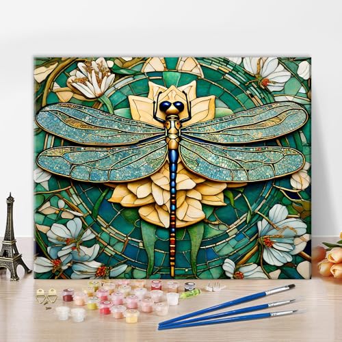TISHIRON Malen Nach Zahlen Erwachsene Libelle Malen Nach Zahlen Ab 9 Jahre Mädchen Libelle DIY Handgemalt Ölgemälde Kit Heimdekorations Ölgemälde auf Leinwan, 40x50cm von TISHIRON