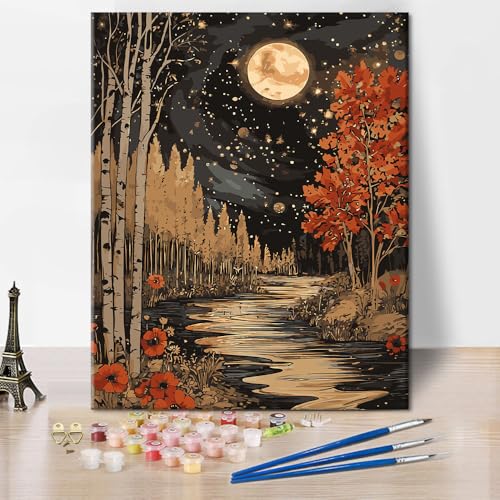 TISHIRON Malen nach Zahlen Erwachsene, Malen für Erwachsene - Fluss & Waldlandschaft mit Bäumen und Mondschein, Natur Szene DIY Kunst - 16x20 inch(40x50 cm) von TISHIRON