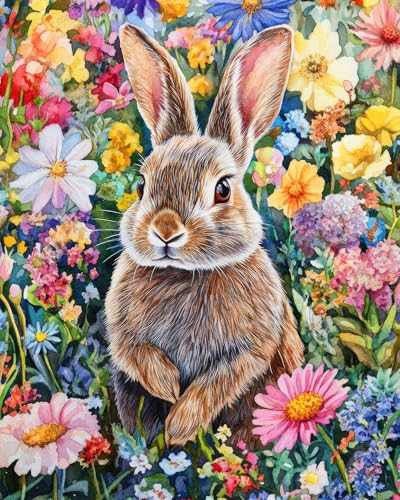 TISHIRON Malen nach Zahlen Set für Erwachsene – Wunderliches Kaninchen auf einer Blumenwiese, Malen nach Zahlen für Erwachsene, Frühlingswiese, DIY Kunstbastel Set – 40X50 cm von TISHIRON