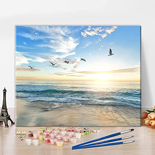 TISHIRON Malen nach Zahlen für Erwachsene Anfänger,Kinder Sonnenuntergang Strand Ozean Vögel Malerei Möwen DIY Ölgemälde Kit mit Pinseln Acrylpigment für Home Wall Decor 16 "x20 von TISHIRON