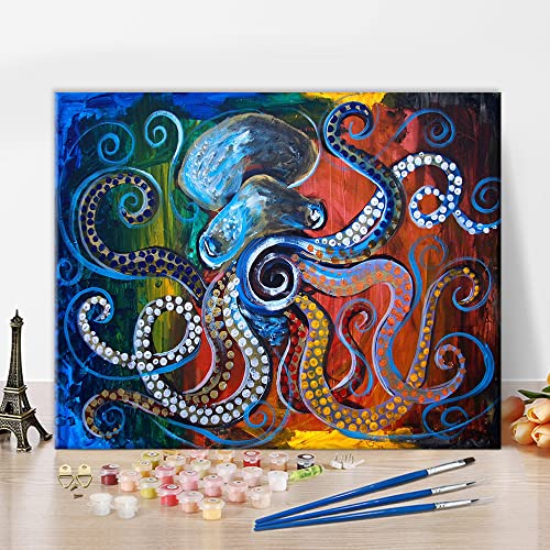 TISHIRON Malen nach Zahlen für Erwachsene Kinder Octopus bunte Meerestiere Ozean Ölmalerei Kits nach Zahlen auf Leinwand Wanddekor mit Pinseln Acryl Pigment für Home Living Room Decor 16 inx20 in von TISHIRON