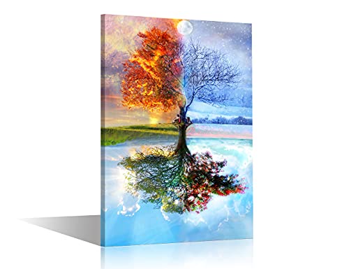 TISHIRON Moderne Bunte Vier Jahreszeiten Baum Kunstdruck auf Leinwand Wandgestaltung Schöner Baum Gedruckt Gerahmt Bild Kunstwerk für Schlafzimmer Décor Wanddekoration 60x40cm(24x16in) mit Rahmen von TISHIRON