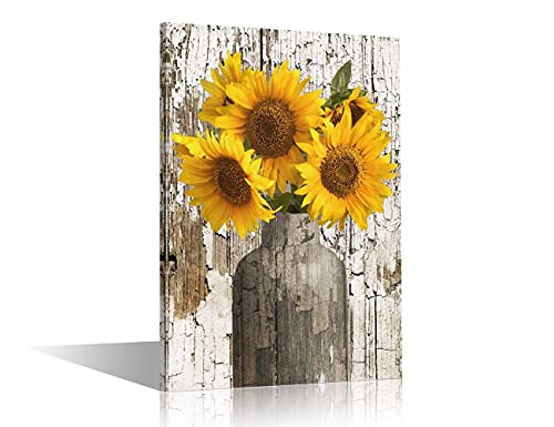 TISHIRON Rustikale Gelbe Sonnenblume in Vase 45x30cm(18x12in) mit Rahmen Kunstdruck auf Leinwand Rustikales Fertig zum Aufhängen für Büro Wohnzimmer Schlafzimmer Wanddekoration von TISHIRON