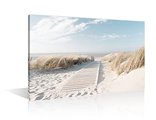 TISHIRON Wandbilder Leinwandbilder Wandkunst Kunstwerk Strand Gras Meer Beige für Wohnzimmer Büro Haus Flur Badezimmer Ferienwohnung Wanddekoration 90x60cm(36x24in) mit Rahmen von TISHIRON