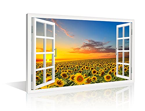 TISHIRON Wanddekorationen Sonnenblume 3D Fensterblick für Wohnzimmer Gemälde Bilder Druck auf Leinwand Wandkunst Holzrahmen fertig zum Aufhängen (91,4 x 61 cm) von TISHIRON