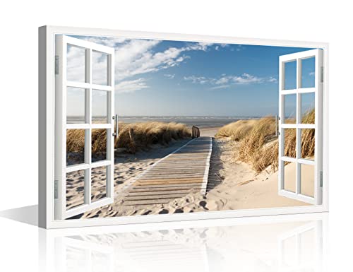 TISHIRON Wandkunst-Dekor, 3D-Fenstereffekt, Strandweg, Sandstrand, Leinwand, Bilder, gerahmt, Stranddruck, Gemälde, Heimdekoration für Zuhause, Wohnzimmer, Wanddekoration (30,5 x 45,7 cm) von TISHIRON