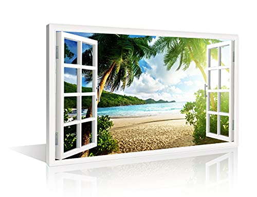 TISHIRON Wandkunst Strand Sonnenuntergang 3D Fensterblick Effekt für Zuhause Moderne Dekoration Gemälde Bilder Druck auf Leinwand Holzrahmen fertig zum Aufhängen (45,7 x 30,5 cm) von TISHIRON