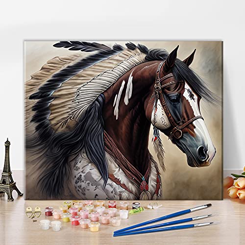 TISHIRON War Horse Paint by Number Kits, Malen nach Zahlen für Erwachsene Kinder Anfänger, Indianer War Horse Ölmalerei nach Zahlen auf Leinwand mit Pinsel und Pigment, 40x50 CM, Rahmenlos von TISHIRON