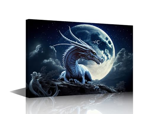 Wandkunst, Motiv: Blauer Drache, Tierbilder, Druck auf Leinwand, Mond und Drache, modernes Kunstwerk für Wohnzimmer, Büro, Giclée-Galerie, Poster und Drucke, gerahmt, fertig zum Aufhängen, 61 x 40,6 Wandkunst, Motiv: Blauer Drache, Tierbilder, Druck auf Leinwand, Mond und Drache, modernes Kunstwerk für Wohnzimmer, Büro, Giclée-Galerie, Poster und Drucke, gerahmt, fertig zum Aufhängen, 61 x 40,6 von TISHIRON