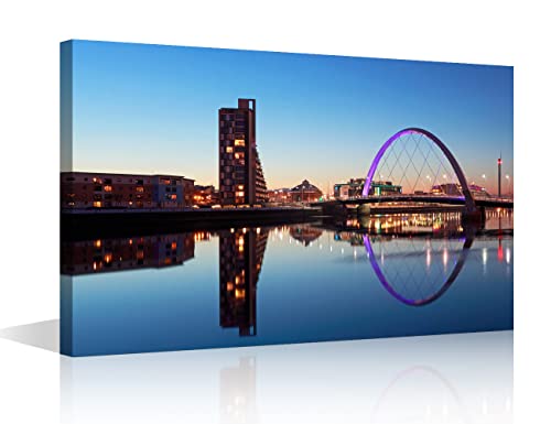 Wandkunst mit Nachtstadtbild, Glasgow-Skyline, Wanddekoration für Wohnzimmer, Glasgow, Wandbilder, Heimdekoration, Leinwand, Wandkunst, modernes Kunstwerk, Giclée-Holzrahmen, fertig zum Aufhängen von TISHIRON