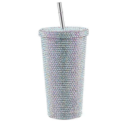 Bling-Diamant-Becher mit Nieten, 17 Oz/500 Ml Bling-Becher mit Deckel und Strohhalm, Edelstahl-Strass-Becher, Isolierte Becher, Kristall-Schaf-Bling-Becher, Party-Becher für Damen und(Mehrfarbig) von TITA-DONG