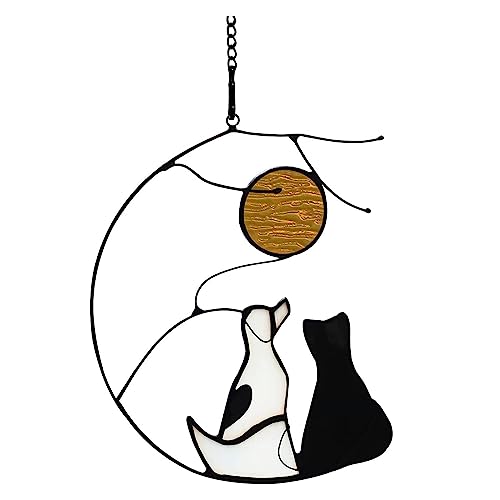Buntglas-Haustierhund-Gedenkgeschenke für Hundeliebhaber, Sonnenfänger für Fensterpaneele, Halloween-Ornamente, Hund auf Mond-Kunst-Sonnenfänger, Buntglaspaneel-Wandfensterdekoration(Schwarz Gelb) von TITA-DONG