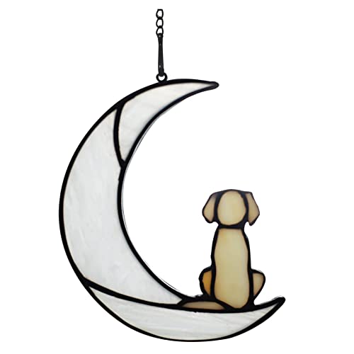 Buntglas-Haustierhund-Gedenkgeschenke für Hundeliebhaber, Sonnenfänger für Fensterpaneele, Halloween-Ornamente, Hund auf Mond-Kunst-Sonnenfänger, Buntglaspaneel-Wandfensterdekoration(Weiß Gelb) von TITA-DONG