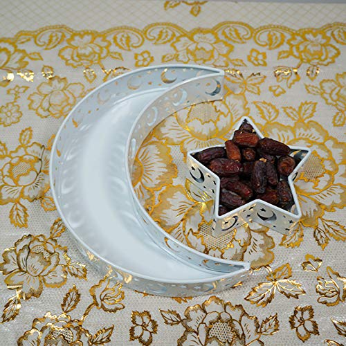 Eid Mubarak Mondstern-Tablett, Ramadan-Dekoration, Ramadan-Tabletts, Muslimisches Holzteller-Tablett, Mondstern-förmiges Lebensmittel-Obst-Serviertablett, Eid Mubarak-Desserttablett für(Silber A1) von TITA-DONG