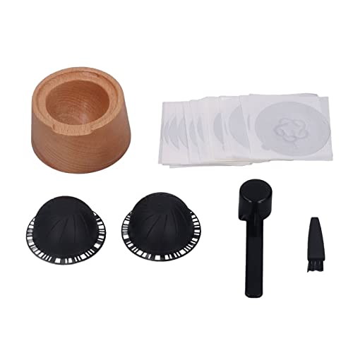 Kaffeekapsel-Kit, Wiederverwendbares Vertuo Kapsel-Filterbecher-Kit Enthält 2 Schwarze Wiederverwendbare 230-ml-Filterbecher, Buchenhalter, 20 Stück Aluminiumfolien-Verschlussdeckel, Löffel und Bürste von TITA-DONG