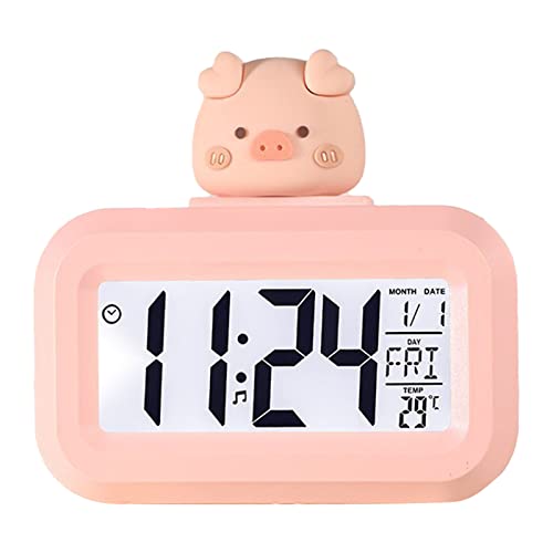 Kawaii Wecker, Cartoon-Digitaluhr, Niedlicher Cartoon-LED-Bildschirm, Desktop, Elektronischer Alarm, Daten, Zeitkalender, Temperaturuhr, Schweinchenform, Desktop-Uhr für Kinder(Rosa Schweinchen) von TITA-DONG