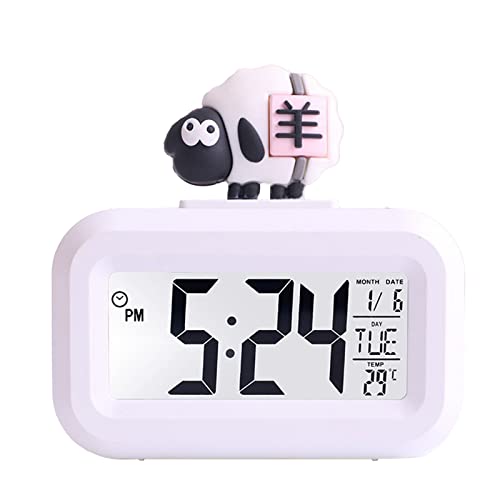 Kawaii Wecker, Cartoon-Digitaluhr, Niedlicher Cartoon-LED-Bildschirm, Desktop, Elektronischer Alarm, Daten, Zeitkalender, Temperaturuhr, Schweinchenform, Desktop-Uhr für Kinder(Weißes Schaf) von TITA-DONG