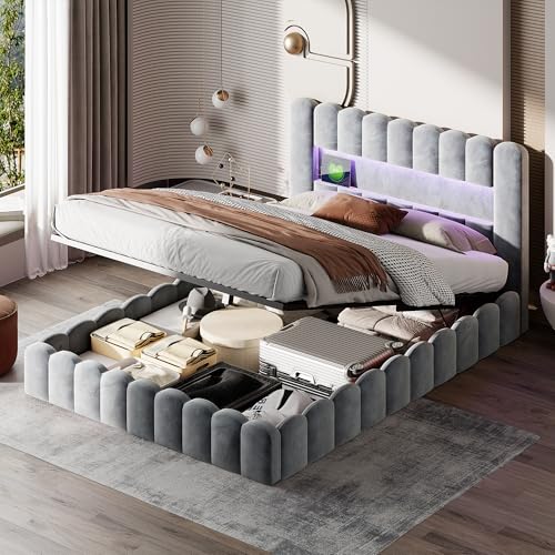 Polsterbett Doppelbett 180x200 cm mit LED Beleuchtung, Bett mit Stauraum und Lattenrost, Jugendbett Stauraumbett Funktionsbett Rückenlehne Bettgestell, Ohne Matratze (grauer Samt, 180*200cm) von TITA-DONG