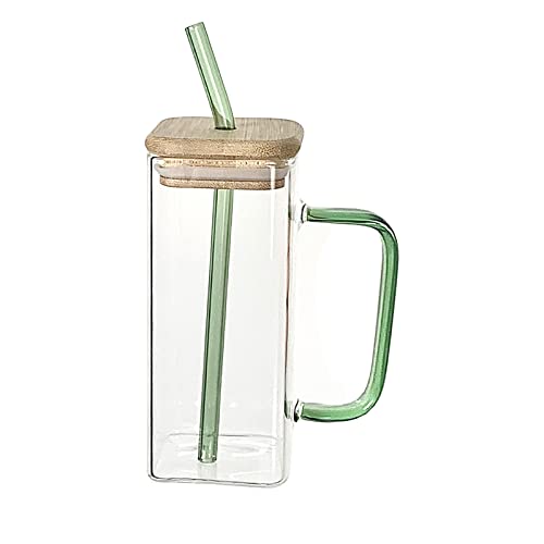 Quadratisches Glasbecher-Set, Eiskaffeetassen, Becher mit Deckel und Strohhalmfarbenem Griff, 13,5-Unzen-Biergläser mit Griff, Durchsichtige Hohe Glasbecher in Dosenform für Wasser,(2 Stück/Grün) von TITA-DONG