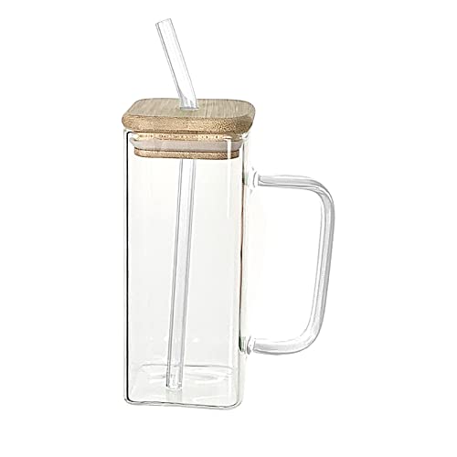 Quadratisches Glasbecher-Set, Eiskaffeetassen, Becher mit Deckel und Strohhalmfarbenem Griff, 13,5-Unzen-Biergläser mit Griff, Durchsichtige Hohe Glasbecher in Dosenform für Wasser,(Transparent) von TITA-DONG