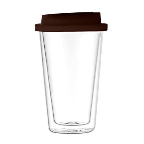TITA-DONG 1 Stück Doppelwandiger Glasbecher Zum Mitnehmen, Wiederverwendbarer Reise-Kaffeebecher aus Glas mit Silikondeckel, Doppelwandige, Isolierte Thermobecher, Trinkgläser für(Braun) von TITA-DONG