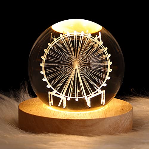 TITA-DONG 3D-Kristallkugel-Nachtlicht für Kinder, Glaskugel-Nachtlampe mit Holzsockel, Fantasie-Schreibtisch, Geschenk, Raumdekoration, Kristallkugel, LED, Galaxie, Planet, Nachtlicht,(Riesenrad) von TITA-DONG