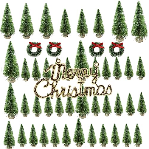 TITA-DONG 49-teiliges Mini-Weihnachtsbäume-Set, Flaschenbürsten-Bäume, Künstlicher, Mattierter Sisal-Weihnachtsbaum mit Holzsockel, Bürstenbäume Weihnachtsdekoration,(#1) von TITA-DONG