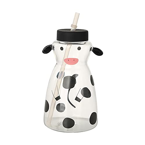TITA-DONG Glasbecher mit Strohhalm und Deckel, Cartoon-Kuh-Eiskaffeetasse in Dosenform, Glas-Getränkedosenbecher, Niedlicher Trinkbecher, 3D-Tierkuh-Becher für Milch, Smoothie, Tee, Wasser(21OZ) von TITA-DONG