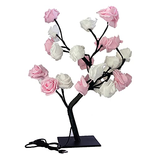 TITA-DONG Rosenbaum-Lampe, Rosa Rosenblüten-Nachtlicht, 24 Warmweiße LED-Lichter, USB-betriebene Nachttisch-Nachttischlampe mit Berührungsschalter, Perfekt für(Rosa Weiß) von TITA-DONG