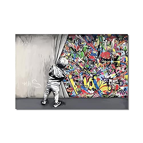 Abstrakter kleiner Junge Graffiti-Kunstmalerei auf Leinwand Cartoon Poster und Drucke Wandkunst für Kinderzimmer Wohnzimmer Dekor 90 x 185 cm (35,4 x 72,3 Zoll) ohne Rahmen von TITINGLUCK