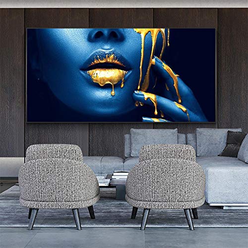 Afrikanische Goldene Frau Lippen Leinwand Malerei Blaues Gesicht Poster und Drucke Wandkunst Bild für Wohnzimmer Wohnkultur 70x140cm (28x55in) Rahmenlos von TITINGLUCK