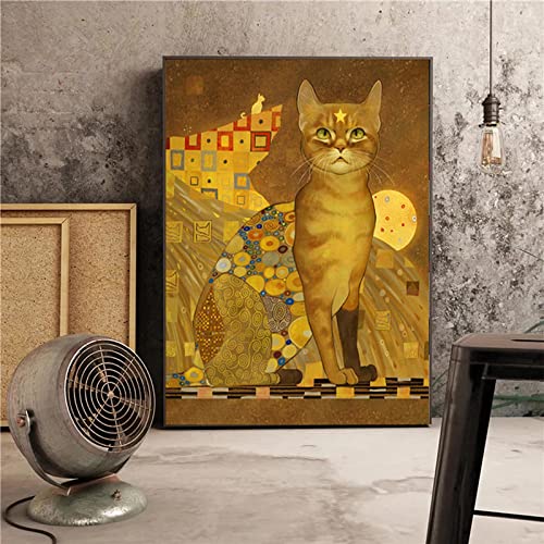 Gustav Klimt Katze Leinwand Gemälde Gelb Retro Tier Poster und Druck Wandkunst Bild für Wohnzimmer Dekoration 30x50cm(12x20in) mit Rahmen von TITINGLUCK