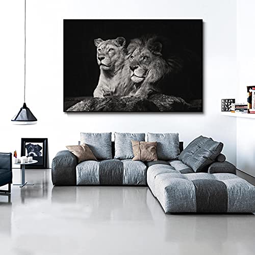 Leinwandbilder, Poster und Drucke, Schwarz-Weiß-Löwenpaar, afrikanische wilde Löwen, Wandkunst, Bilder, Heimdekoration, 70 x 90 cm, rahmenlos von TITINGLUCK