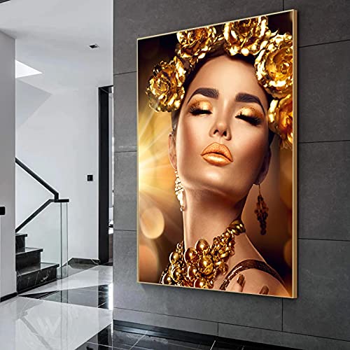 Moderne Kunst Leinwand Poster Gold Frau Drucke Malerei Cuadros Figur Porträt Kunst Wandbilder Für Wohnzimmer Dekor Wandbild 80x120cm(31x47in) mit Rahmen von TITINGLUCK
