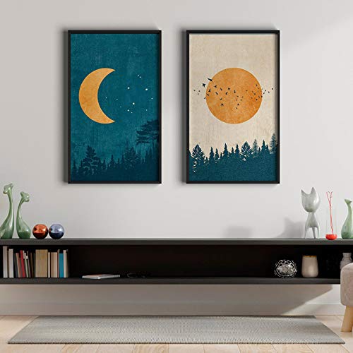 Mond Sonne Poster und Druck Vintage Wandkunst Nordic Forest Leinwand Gemälde für Schlafzimmer Dekor Boho Landschaftsbilder 50x70cm (19,7x27,6in)x2 Rahmenlos von TITINGLUCK