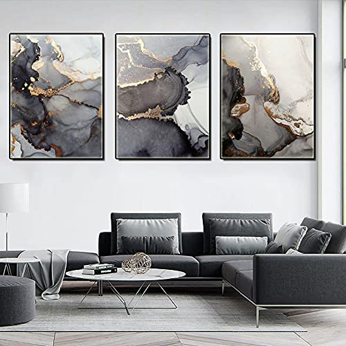 Schwarz-Gold-Marmor-Wandkunst auf Leinwand, luxuriöses abstraktes Kunstposter, modernes ästhetisches Schlafzimmer-Dekorbild, 60 x 90 cm (24 x 35 Zoll) x 3, rahmenlos von TITINGLUCK