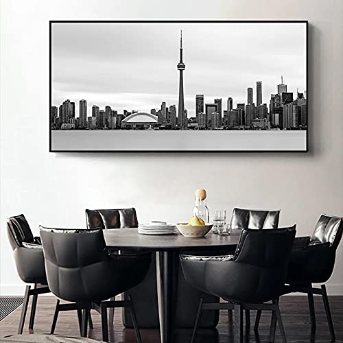 Schwarz-Weiß-Toronto-Skyline-Landschaft, Wandkunst, Poster und Drucke, Toronto, Stadtansicht, Leinwand, Gemälde, Kunstbilder, 75 x 170 cm (30 x 67 Zoll), ohne Rahmen von TITINGLUCK